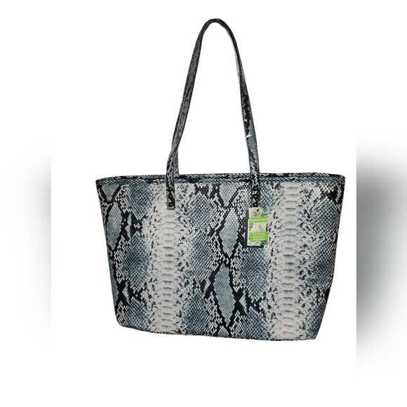 BADGLEY MISCHKA Light Blue Vegan Leather with Multicolor Striped Center Pattern - Picture 3 of 13